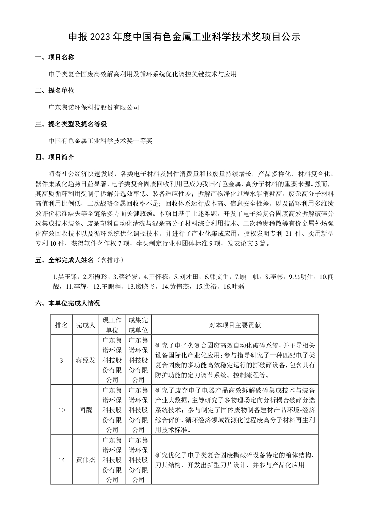 【隽诺环保】2023年度中国有色金属工业科学技术奖项目公示-电子类复合固废高效解离利用及循环系统优化调控关键技术与应用